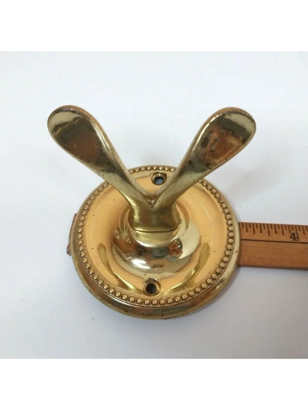 Vintage Solid Brass Wall Towel Hook Beaded Trim Dual Prong Design 4 Inches Tall